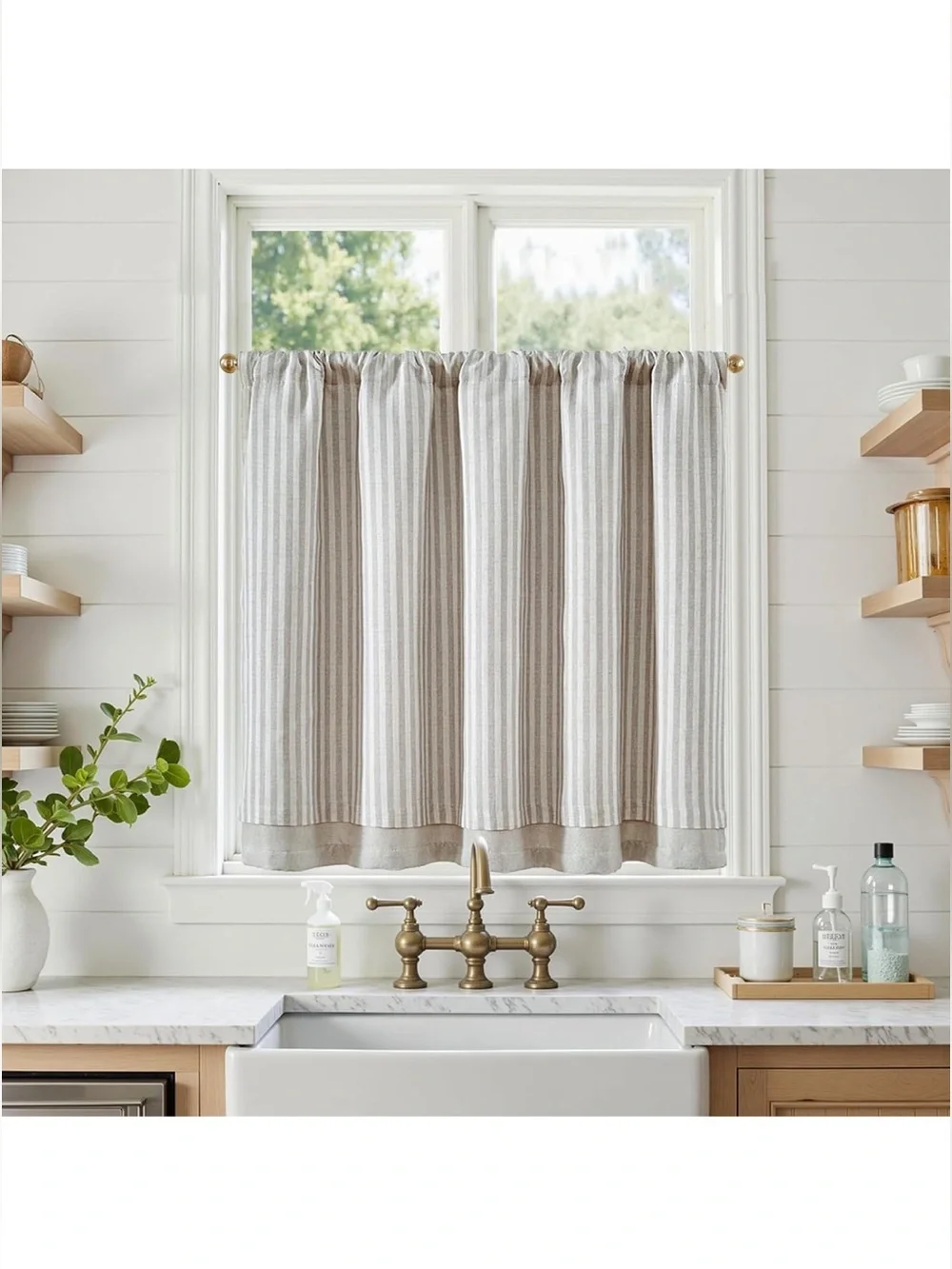 Boxster Striped Linen Kitchen Valance Curtain 50x36” (1-panel) TAUPE GRAY